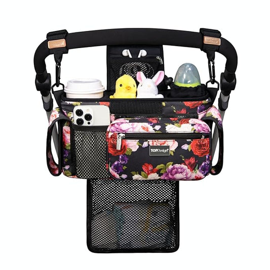 TOPDesign Universal Baby Stroller Organizer, Stroller Caddy with Detachable Mesh Bag & Heightened Insulated Cup Holders & Non-Slip Secure Hooks Accessories, Fits Most Strollers (Ranunculus)