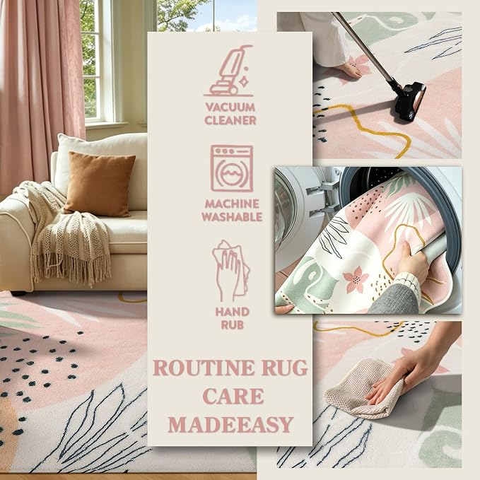 Lahome Pink Boho Living Room Rug 6x9, Washable Non Slip Soft Botanical Area Rug - Image 5