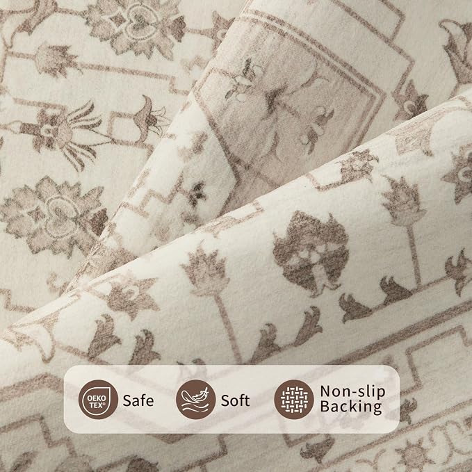 Rugxara 5X7 Washable Area Rug for Living Room, Vintage Neutral Large Boho Rugs - Image 4