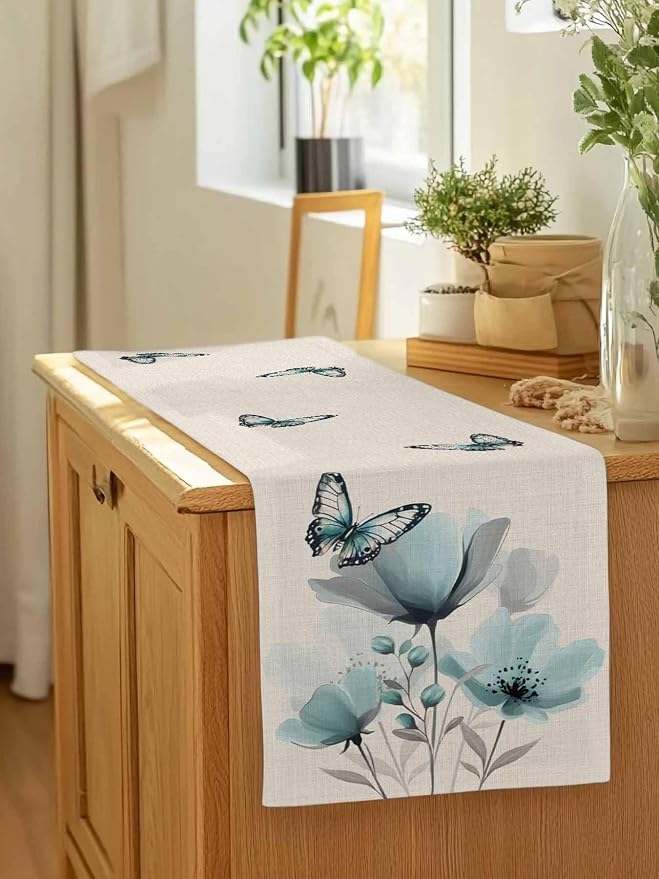 Turquoise Floral Table Runners 60 Inches Long, Spring Flowers Butterfly Table - Image 7