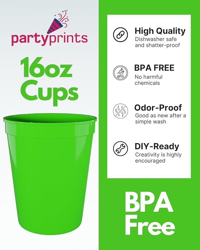 PartyPrints 10 Pack 16 oz Lime Green Reusable Blank Plastic Cups, Stadium Cups - Image 2