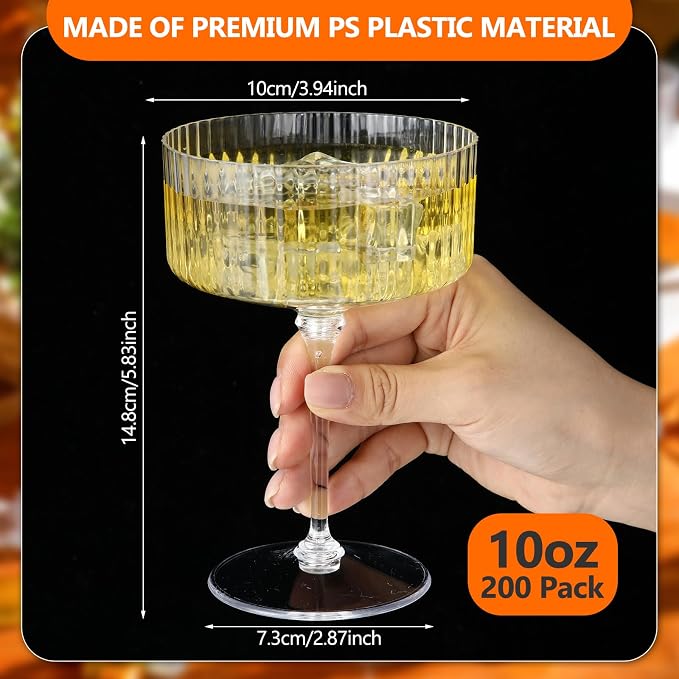 Jingmore 200 Pcs Ribbed Martini Glasses 10 oz Disposable Plastic Vintage Ribbed - Image 2