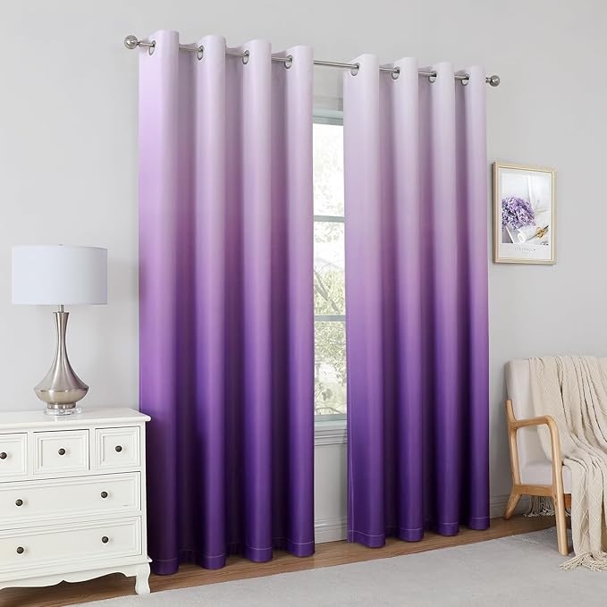 HOMEIDEAS Purple Ombre Blackout Curtains 52 X 63 Inch Length Gradient Room Darkening Thermal Insulated Energy Saving Grommet 2 Panels Window Drapes for Living Room, Bedroom