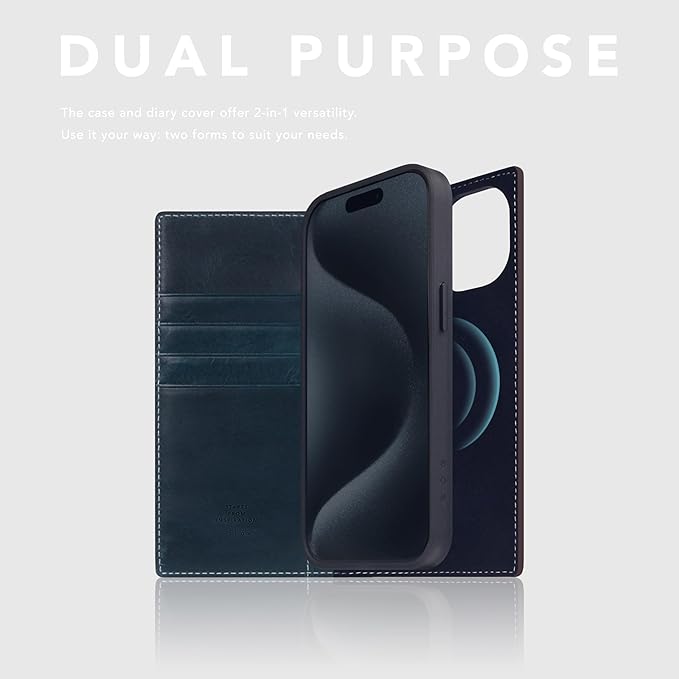 D7 Italian Wax Leather Wallet Case for iPhone 15 - [2-in-1] Handcrafted Detachable Diary Style with Magnetic MagSafe Back Cover, Gift Box Included (Blue)