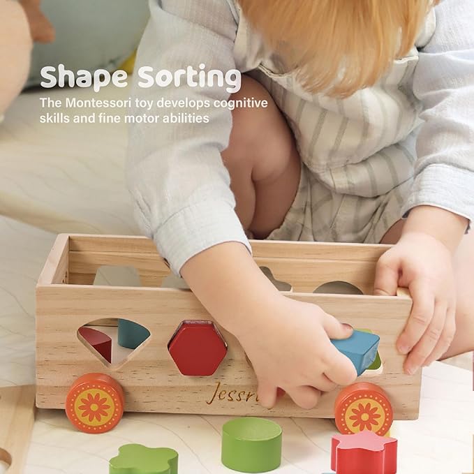Shape Sorter - Wooden Pound A Ball and Montessori Number Puzzle Set for Babies - Educational Sorting Game with Storage Car for Toddlers