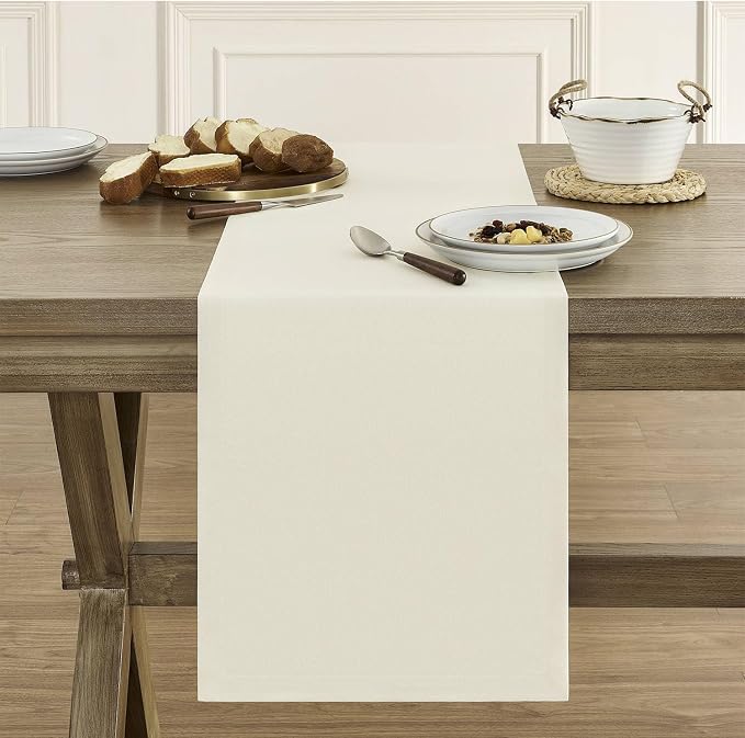 Basic Linen Style Table Runner, 14x60 Inch Ivory | Mitered Corner Design - Image 2