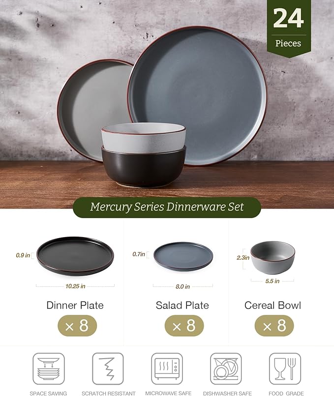 Famiware Mercury 24-Piece Stoneware Dinnerware Set, Warm Hand-Painted Rims - Image 2