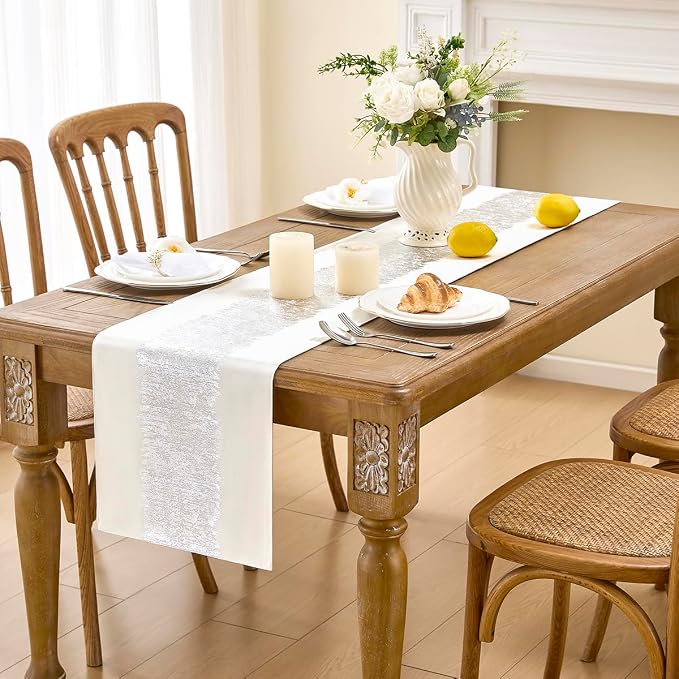 Metallic Style Silver Table Runner, Table Runners 72 Inches Long | Cotton Linen - Image 2