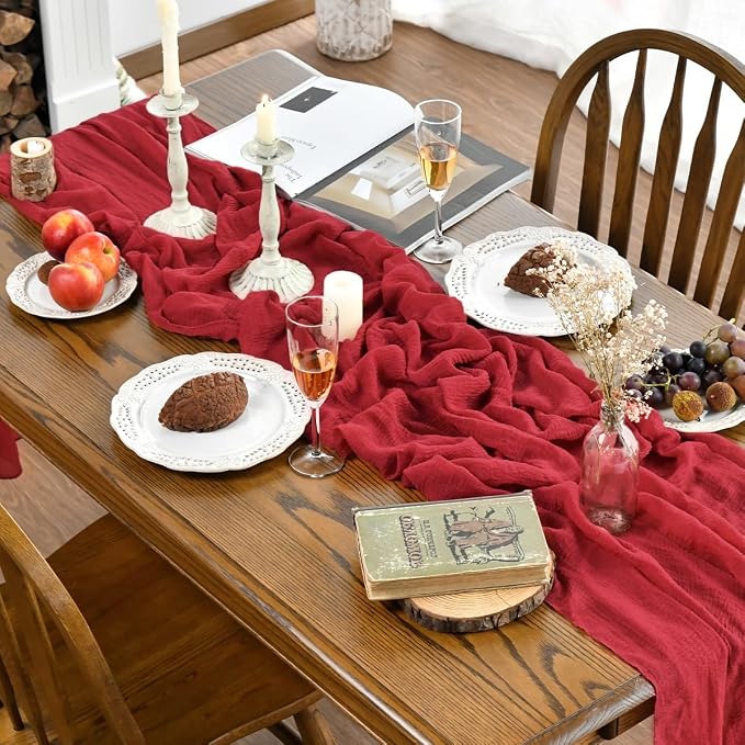 Artoid Mode Boho Cheesecloth Gauze Red Wedding Table Runner, 160 Inch Seasonal - Image 6