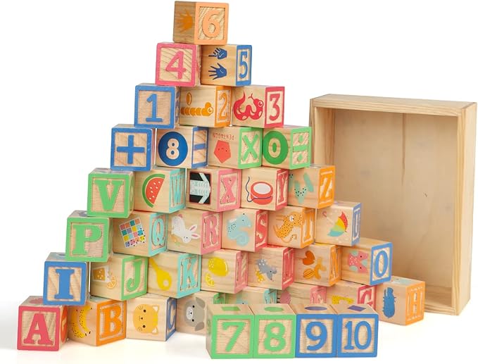 Joqutoys ABC Wooden Building Blocks for Toddlers 3 Large, 40 PCS Alphabet & Number Stacking Blocks with Storage Tray, Montessori Educational Learning Toys for Boys Girls Kids Gifts 1.65"