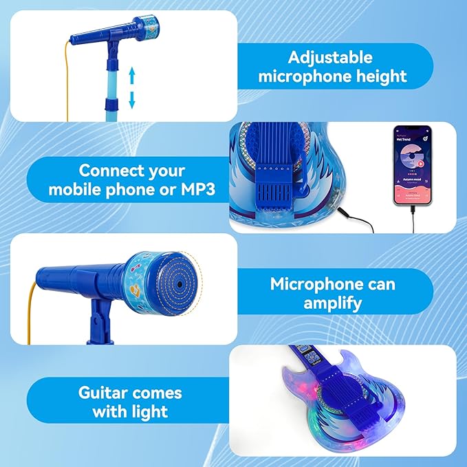 Guitar and Microphone Play Set for Boys New Upgrade,Karaoke Machine with Music&Light,Microphone Toys with Stand,Adjustable Height Guitar Toys for Kids,Toddlers,Child