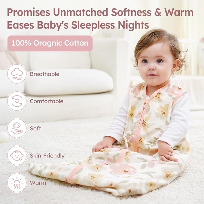 Baby Sleep Sack 18-24 Months 3 Pack 100% Cotton Lightweight 0.5 TOG Wearable Blanket Baby Sleep Bag with 2-Way Zipper for Newborn Infant Pink Flowers & Leaf