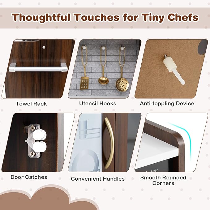 HONEY JOY Kids Kitchen Playset, Wooden Little Chef Pretend Toy Kitchen Set w/Chalkboard, Telephone, Utensils, Oven, Microwave, Sink, Storage, Play Kitchen for Toddlers Boys Girls, Espresso