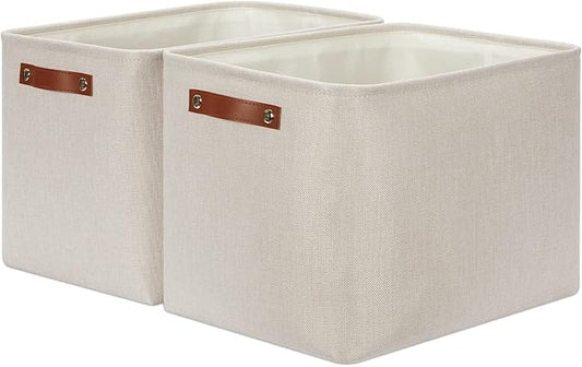 DULLEMELO 2-Pack Large Storage Baskets for Organizing 16"x12"x12" Canvas Fabric Storage Basket Bins With Leather Handles for Shelf Clothes Empty Gift Basket (Beige)