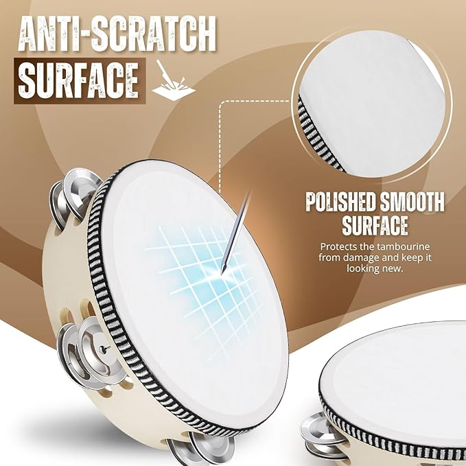 Flexzion Wood Handheld Tambourine Adults 6-Inch Double Row 8-Pair Jingles (Wood) - Percussion Round Tamborines Musical Instrument with Metal Zills