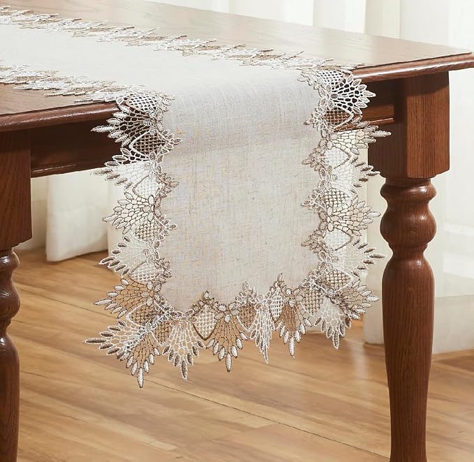 Natural Linen Table Runner 54 inches Beige Lace Coffee Table Runners | French - Image 3