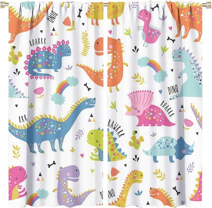 Cartoon Dinosaur Curtains for Kids Boys Girls Home Decor Childish Cute Dino Animals Print Pattern Rod Pocket Blackout Window Drapes for Nursery Baby Bedroom Playroom W26xL84in 2 Panels