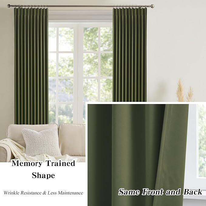 KEQIAOSUOCAI Dark Olive Pinch Pleated Curtains 45 Inches Long for Short Windows, Room Darkening Blackout Curtain Drapes for Bedroom 40 x 45 Inch -2 Panels