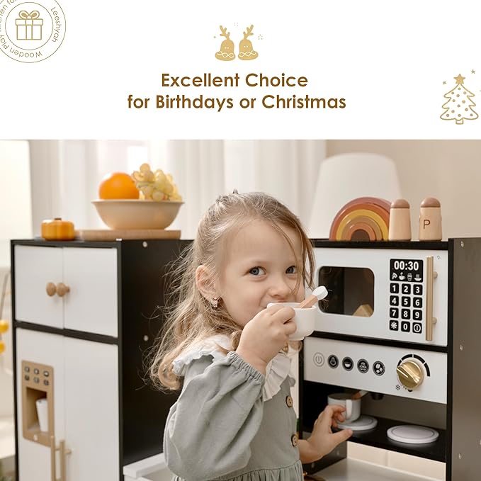 Interactive Wooden Play Kitchen for Kids 3+ Realistic Stove Sounds & Ice Maker Pretend Playset with 12 Kitchen Accessories Montessori Toy