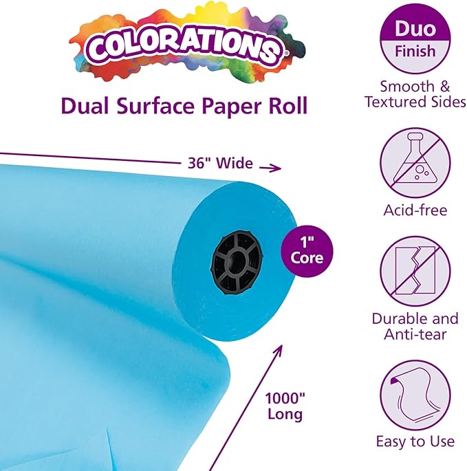 Colorations Arts and Crafts Paper Roll - 36" x 1000', Sky Blue, Dual Surface, Markers, Finger Paints, Painting, Watercolors, Acrylic Paints, Wall Art, Bulletin Board Paper, Kids Crafts (Item # DSSB)