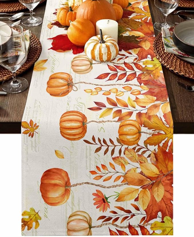 Orange Pumpkin Fall Table Runner 70 Inches Long, Thanksgiving Maple Eucalyptus by Unknown
