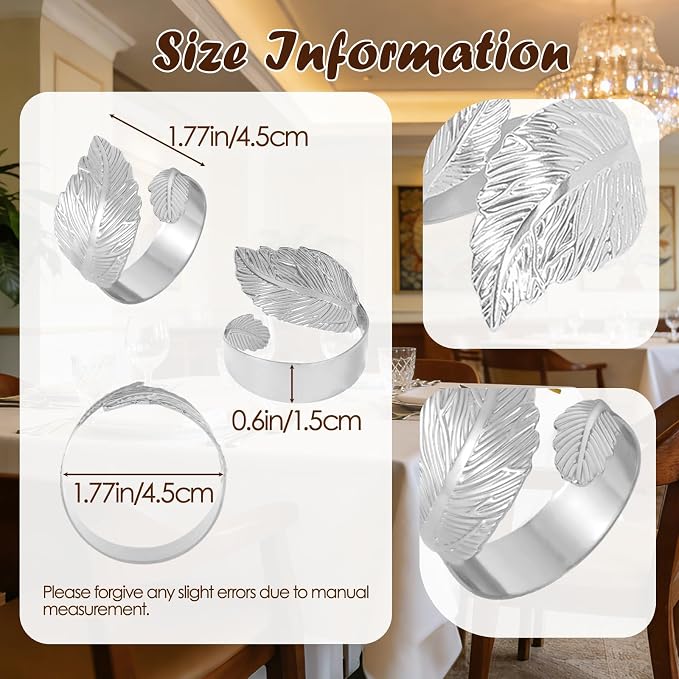 Napkin Rings Set of 12 Silver Napkin Holder Buckles | Leaf Shaped Napkin Ring - Image 7