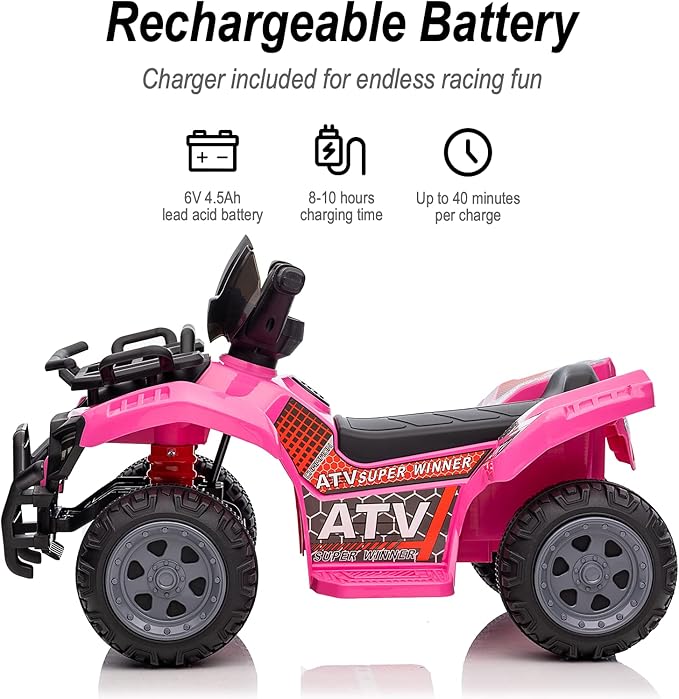 Kids ATV 4 Wheeler, 6V Ride-On Toy for Toddlers Boys & Girls with Music, Forward & Reverse - Rose Pink