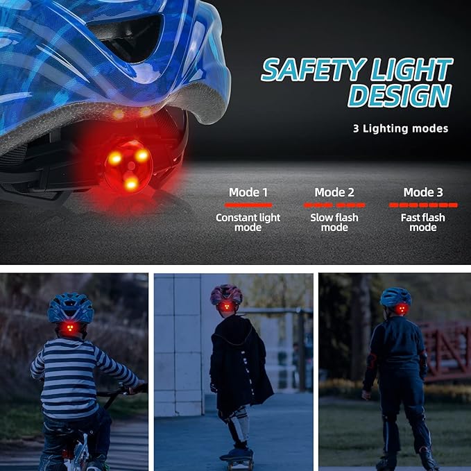 Exclusky Kids Bike Helmet with LED Light – Adjustable Multi-Sport Youth Helmet for Boys & Girls, Ages 5-12, Fits 50-57cm, Cycling Safety Gear