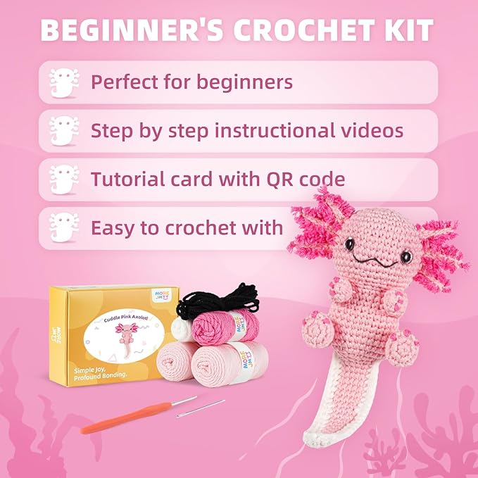 Crochet Kit for Beginners, Learn to Crochet, Include Easy Knitting Soft Yarn, Step-by-Step Video Tutorial, Hook, Holiday Birthday Gift for Adults and Kids(Happy Axolotl)