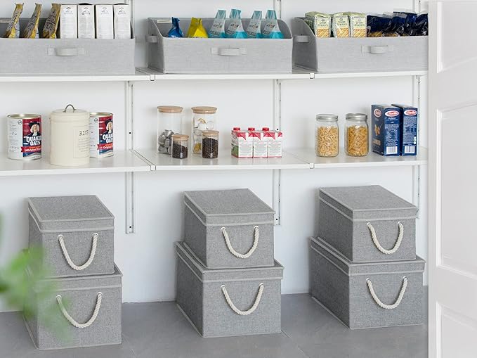 StorageWorks Large Storage Bins with Lids, Decorative Storage Boxes with Lid and Soft Rope Handles, Foldable Storage Baskets for Closet, Shelves, Stackable, Gray, 3-Pack