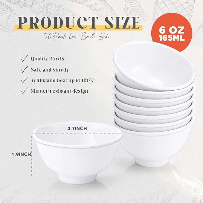 Tioncy 50 Pcs Bowls Set Unbreakable Dessert Soup Salad Bowls - Image 2