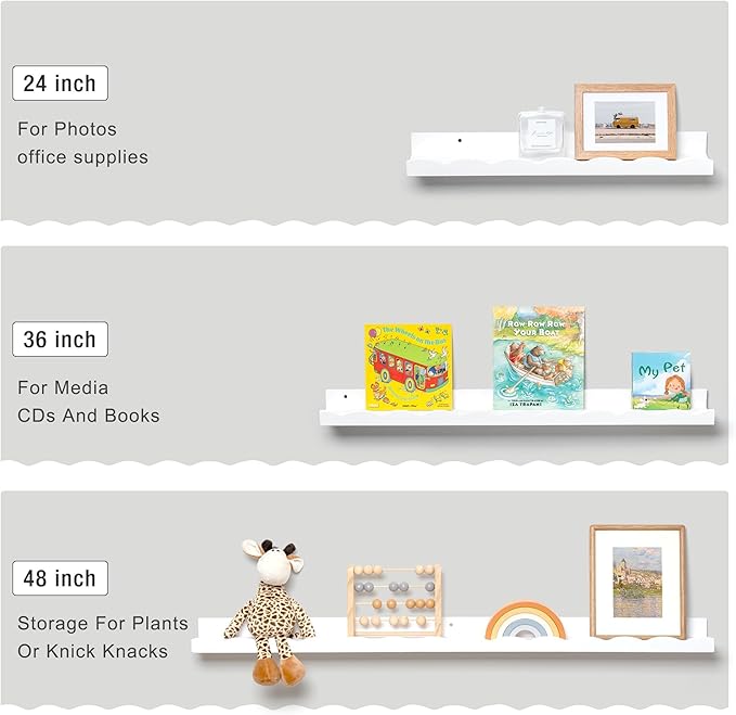 Fun Memories Picture Ledge Shelf for Wall, 24 inch Pine Wood Nursery Book Shelves Set of 2- Wall Book Shelves for Kids Room, Home Decor - Kitchen Spice-White