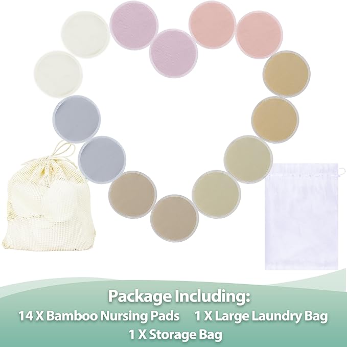 wegreeco Nursing Breast Pads (14 Pack) + Laundry Bag & Travel Storage Bag, 4.7 inch Option - Washable & Reusable Breastfeeding Nursing Pads (Sunset, Plain Shape)