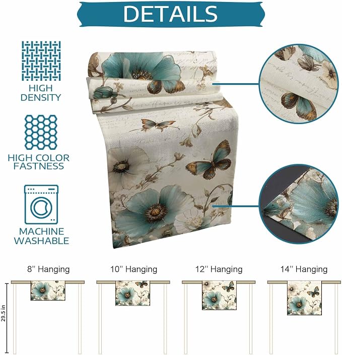 Turquoise Tulip Table Runners 70 Inches Long, Spring Vintage Botanical Table - Image 8