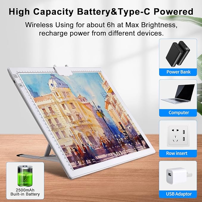 Elice Rechargeable A3 Light Pad with Carry Bag, Top Clip, Foldable Stand, 3 Colors/6 Levels/Stepless Brightness Wireless tracing Light Box/Board for Diamond Painting, Cricut Weeding Vinyl (White)