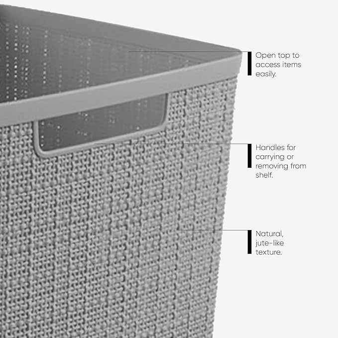 Curver Jute Decorative Plastic Organization and Storage Basket Perfect Bins for Home Office, Closet Shelves, Kitchen Pantry and All Bedroom Essentials, (Set of 6), Grey, Medium