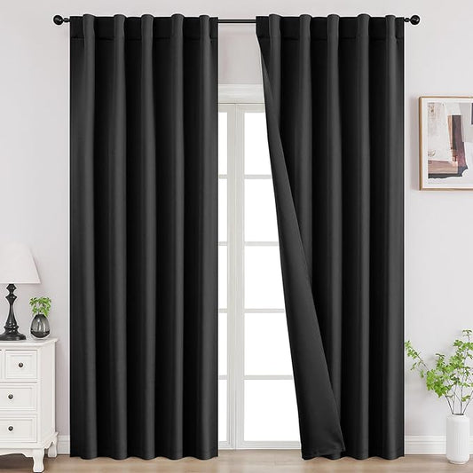 Joydeco 84 Inch Black Curtains 2 Panels Set, Blackout Curtains for Bedroom, Room Darkening Drapes for Living Room Window Rod Pocket Back Tab (W37 x L84 Inch, Black)
