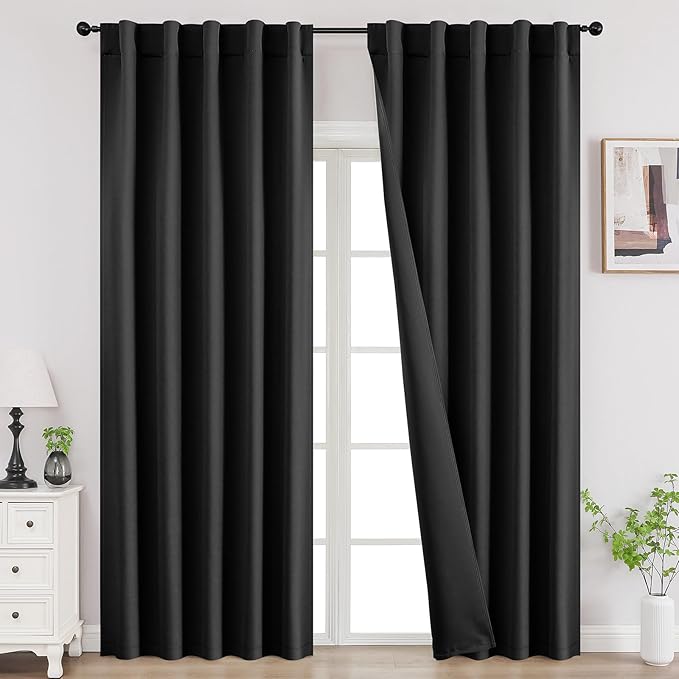 Joydeco 72 Inch Blackout Curtains for Bedroom, Thermal Insulated Black Out Curtains, Room Darkening Drapes for Living Room Window Rod Pocket Back Tab (W37 x L72 Inch, Black)