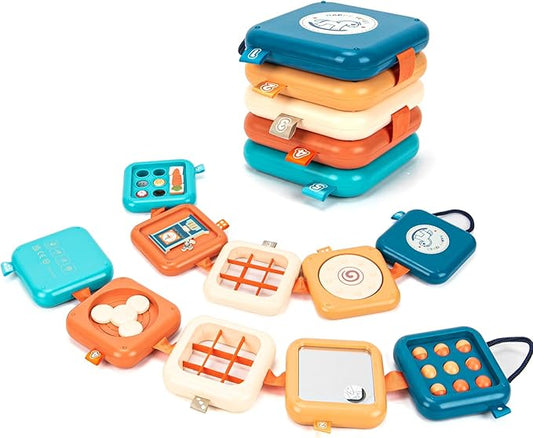 Montessori Busy Board for Toddlers 1-3 | Certified Travel Sensory Toy | Fine Motor Skills Activity Cube for Airplane, Classroom & Home Learning