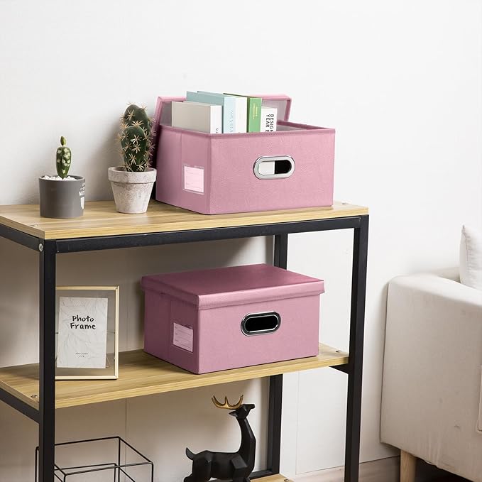 PRANDOM Collapsible Storage Box with Lid [1-Pack] Leather Fabric Foldable Storage Bin Organizer Container Basket Cube with Cover for Home Bedroom Closet Office Nursery Pink (13.6x9.6x6.9)
