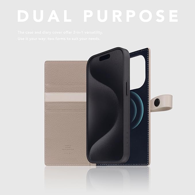D8 Edition Full Grain Leather Wallet Case for iPhone 15 Pro - [2-in-1] Handcrafted Detachable Diary Style with Magnetic MagSafe Back Cover and Snap Closure, Gift Box Included (Light Cream)
