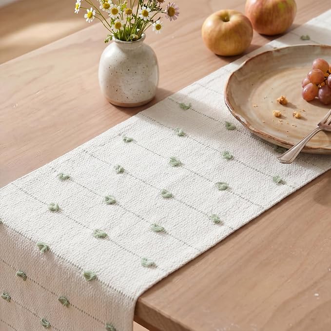 Artoid Mode Sage Green Boho Farmhouse Cotton Woven Table Runner, Seasonal - Image 5