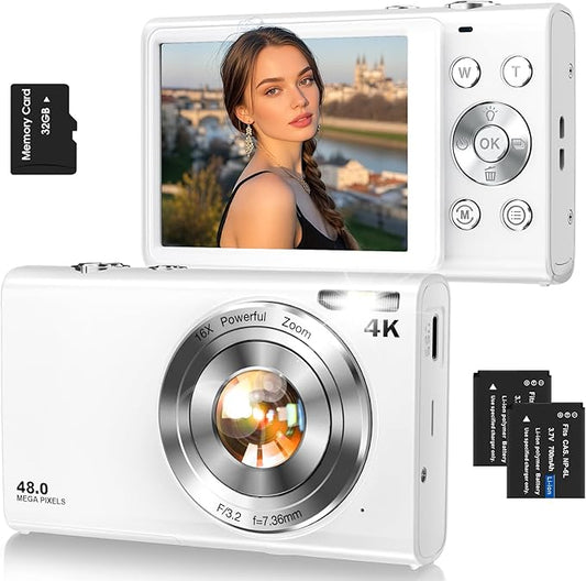 Digital Camera,Autofocus 4K Vlogging Camera for Photography with 32GB Card,48MP Portable Compact Point and Shoot Digital Camera for Teens Adult Beginner with 16X Zoom,Anti-Shake,2 Batteries(White)