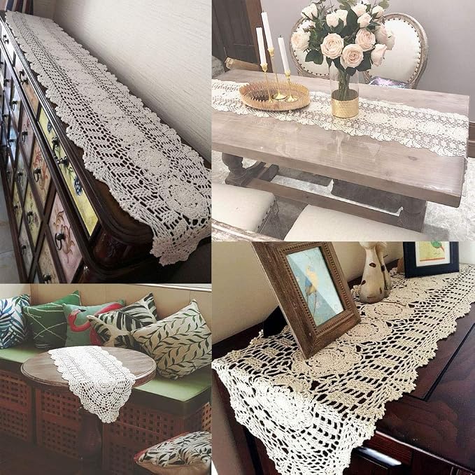 Cotton Handmade Crochet Lace Table Runner Dark Brown 12x60 Inch | Oval - Image 3
