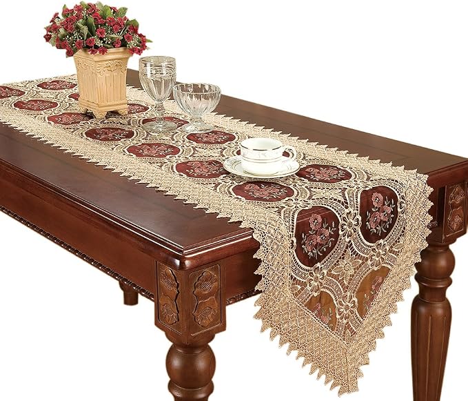 Embroidered Vintage Floral Lace Burgundy Table Runner 16 × 72 Inch by Simhomsen