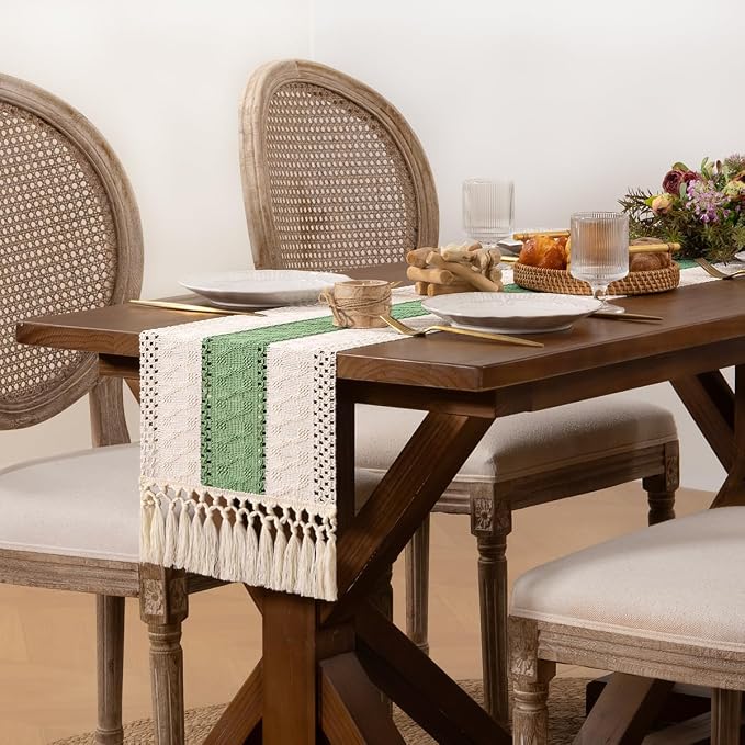 DeZerlor Ivory&Sage Green Boho Macrame Farmhouse Woven Table Runner 72Inch | - Image 3