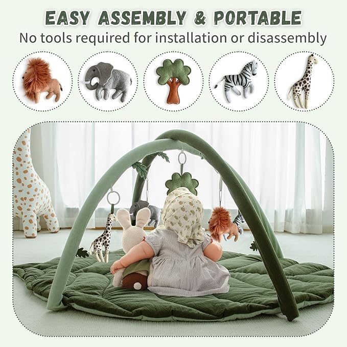 Baby Play Gym with Mat Leaf Shaped, Baby Play Mat with 6 Hanging Toys Tummy Time Mat, Baby Gym Activity Center, Washable (Green)