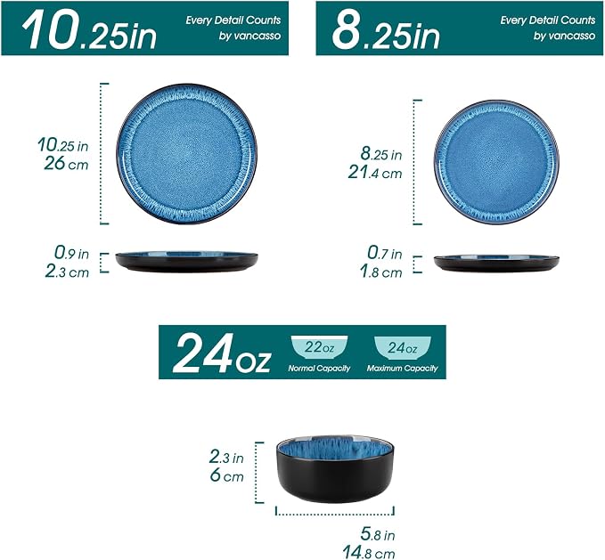 vancasso PLAYA Plates and Bowls Sets, 24 Pieces Blue Dinnerware Sets - Image 2