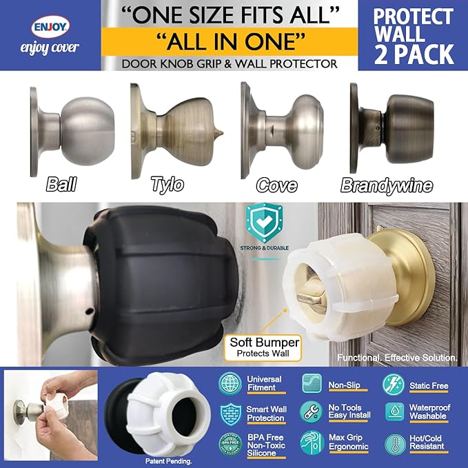 Enjoy Cover |Door Handle Grip Doorstop Knob Stopper Cover, Set of 2 Silicone Door Knob Grips Universal Size Protects Walls from Dents and Damage (Clear)