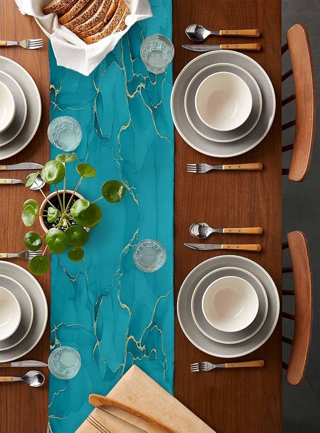 Teal Marble Table Runners 120 Inches Long, Turquoise Marble Crack Table Runner - Image 5